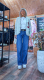 Misty Ivory Cardigan – Grey Piping & Embroidered Floral Detail