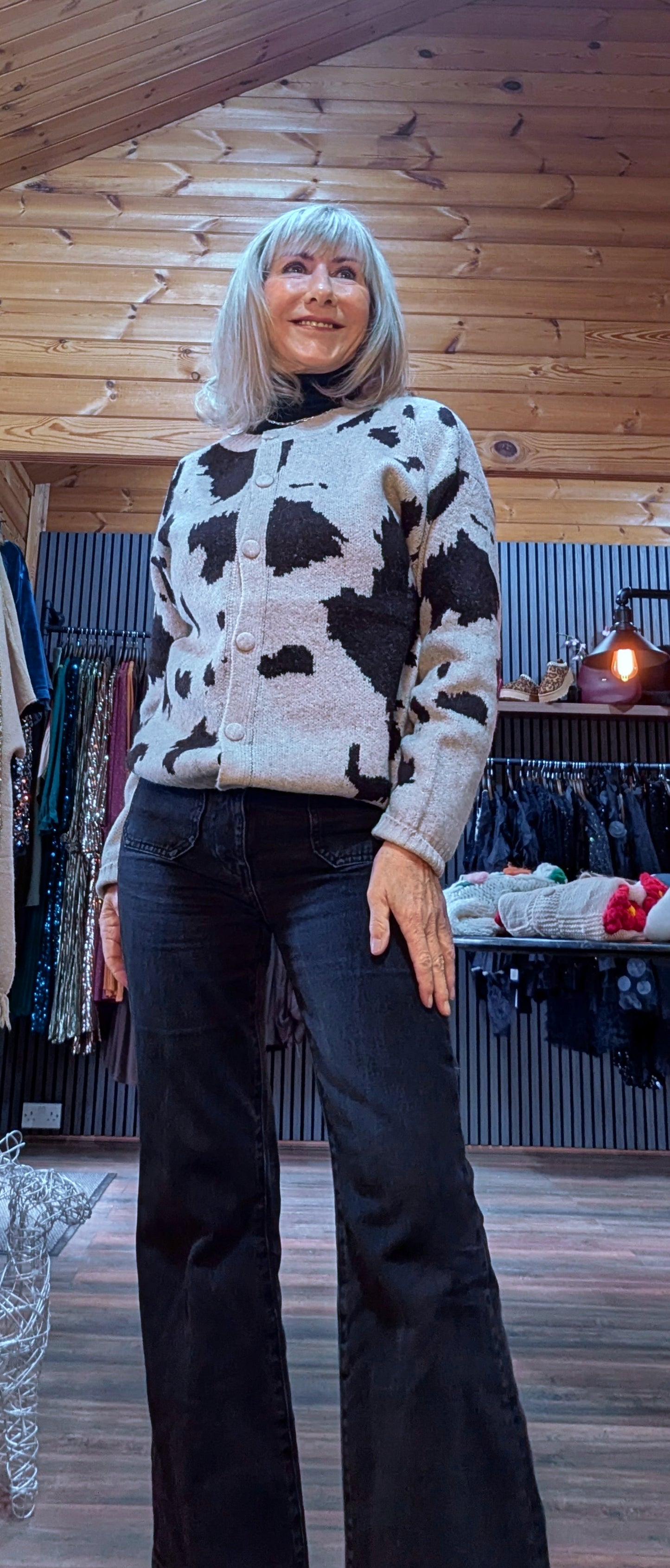 Cathy Taupe Cow Print Soft Knit Cardigan – Button Front