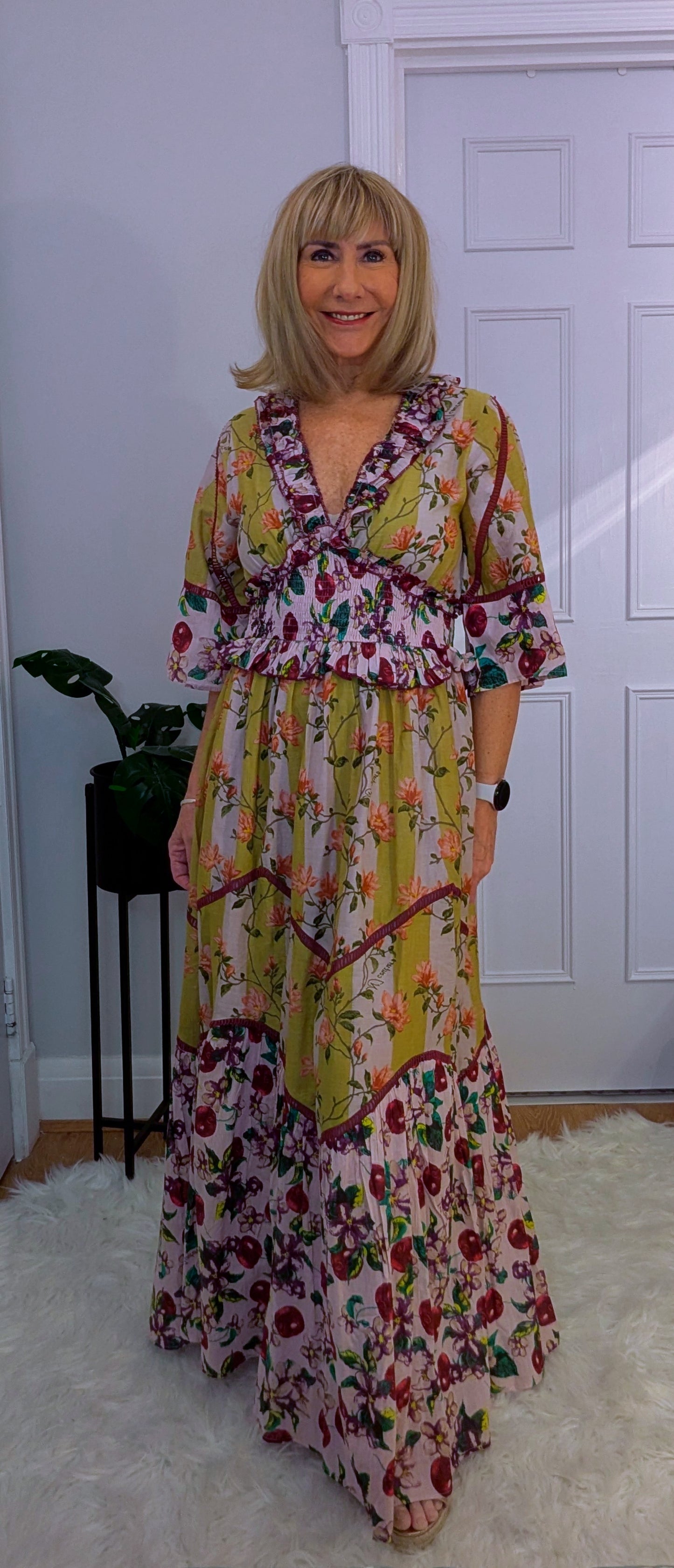 Felicity Bohemian Maxi  Dress in Maroon and Gold Shirred Waist
