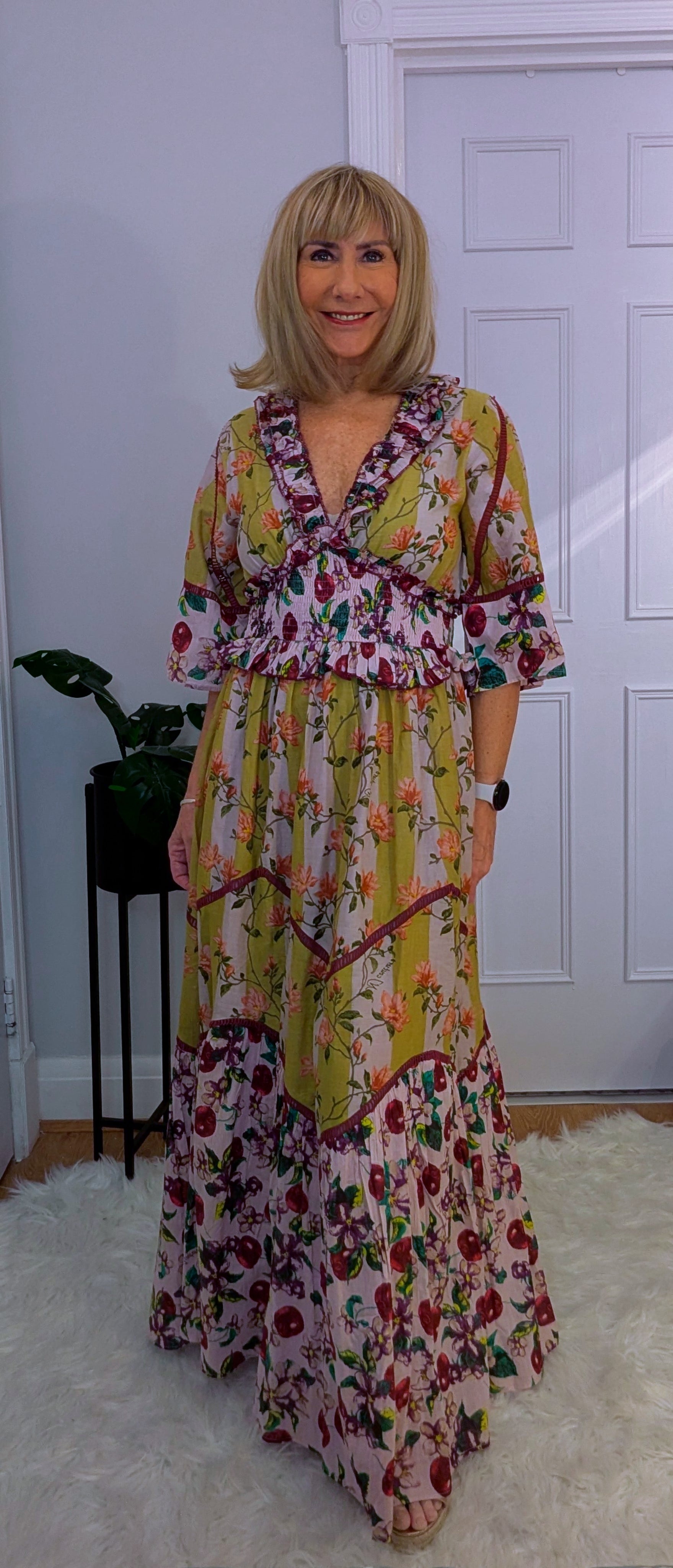 Felicity Bohemian Maxi  Dress in Maroon and Gold Shirred Waist