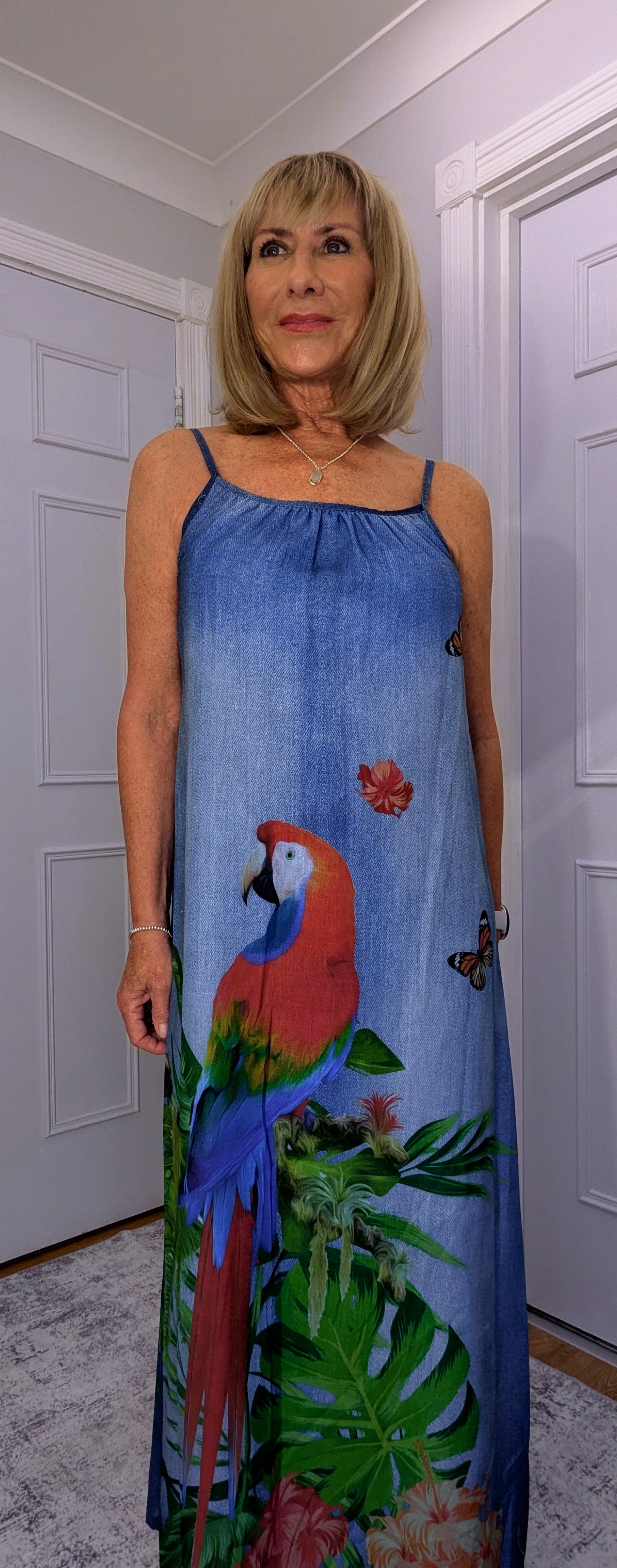 Delores Maxi Dress – Tropical Print Summer Slip Dress- Parrot