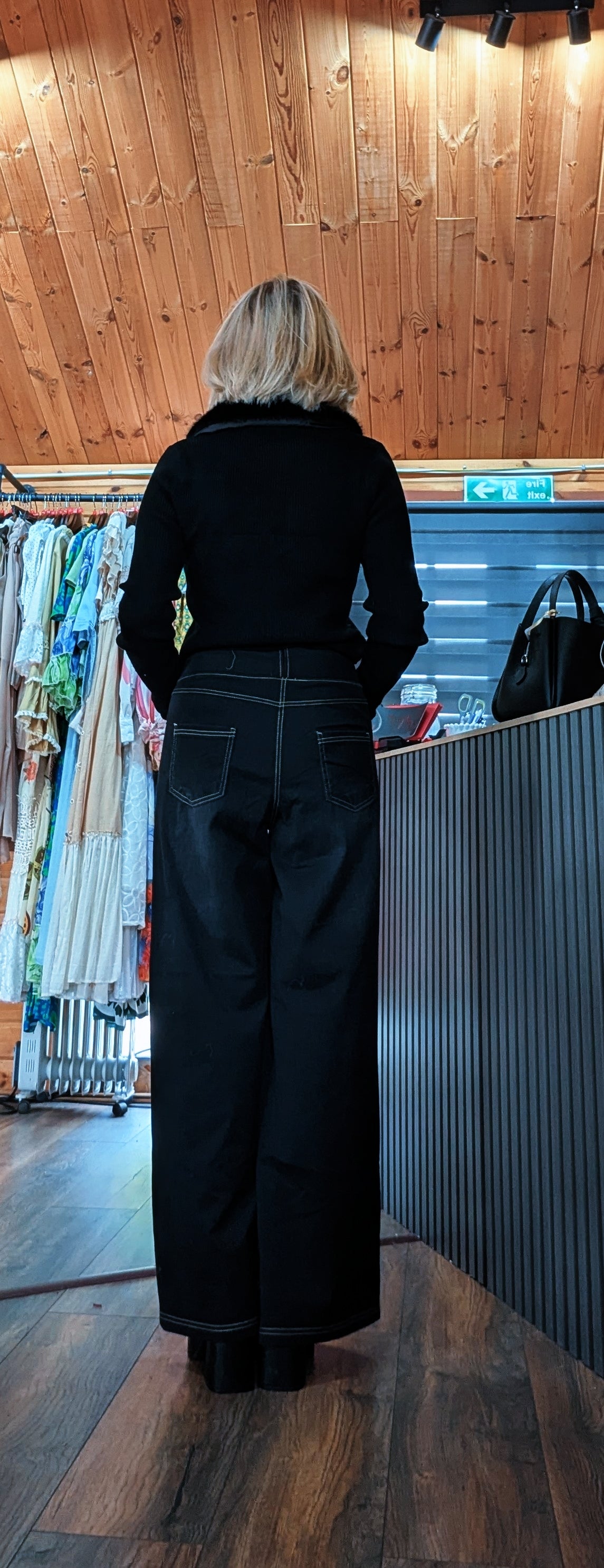 Black stretchy pull on wide leg jeans for women