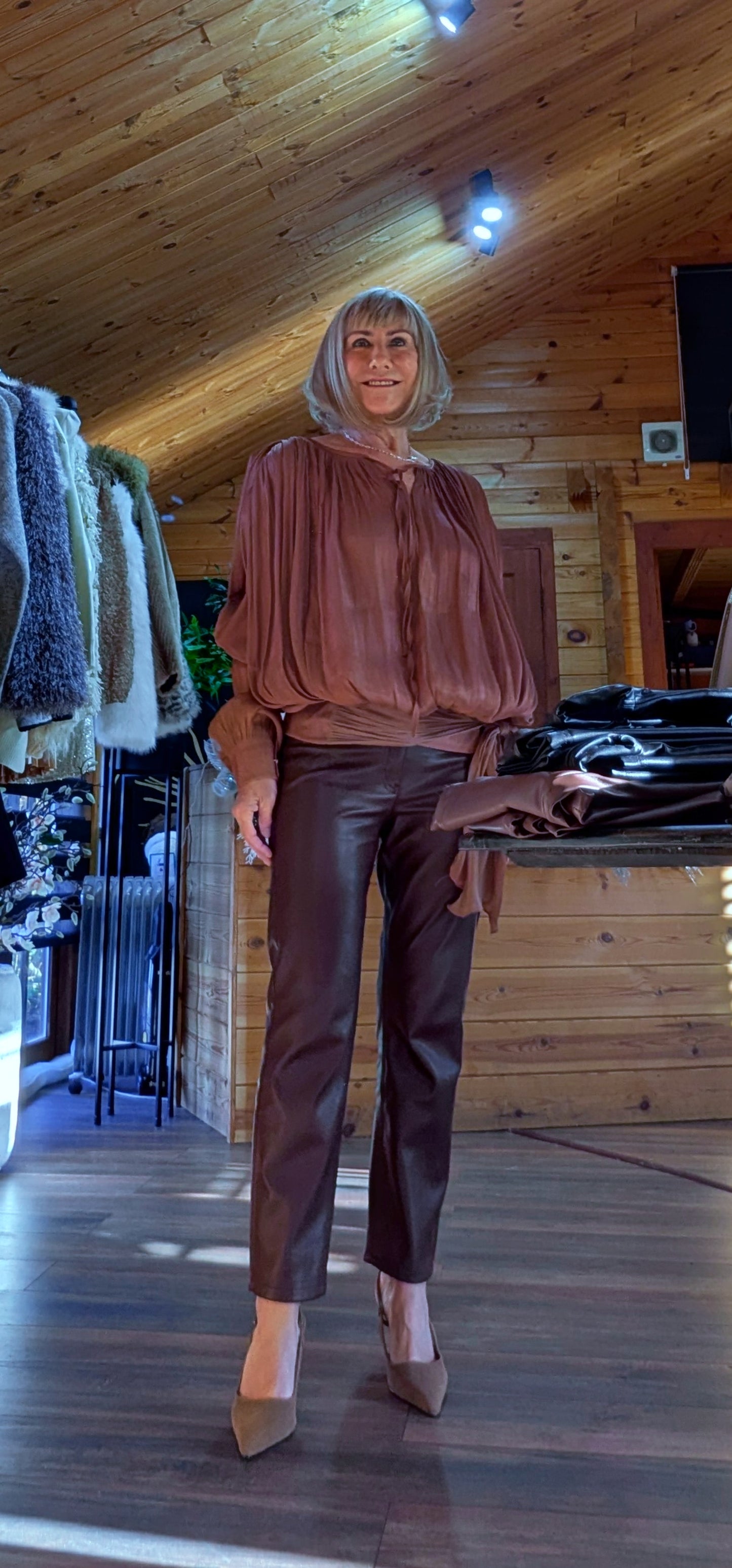 Venus Golden Caramel Blouse – Tie Neck -Sash Waist Detail