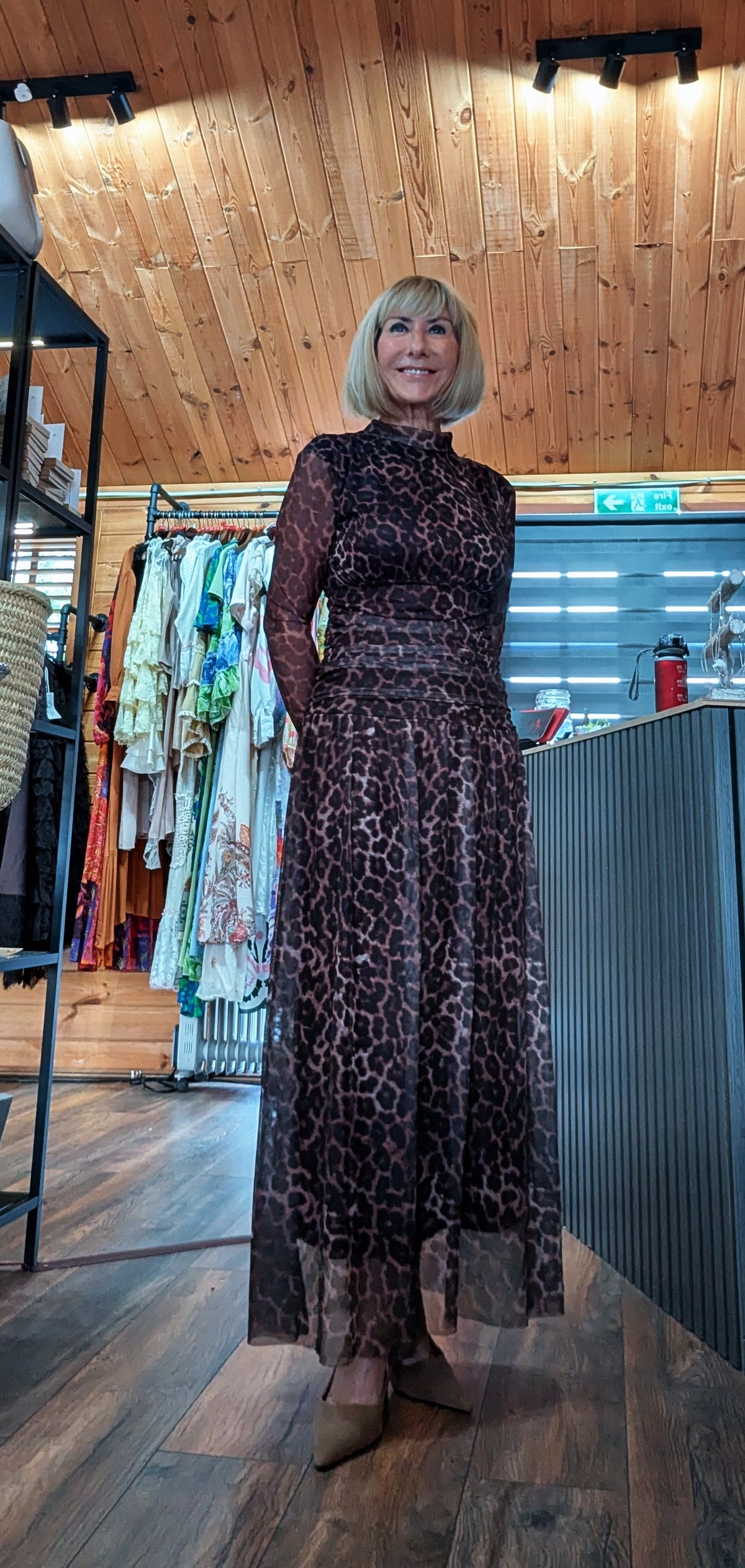 Chocolate leopard print long sleeve maxi dress for women with high neck and ruched waist