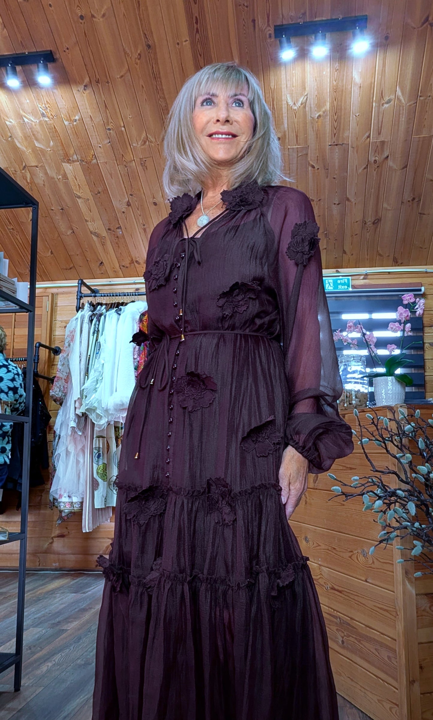 Gloria Coffee Tiered Dress – 3D Flowers -Tie Belt