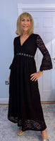 Pearl Lace Dress – Black Boho Style with Pagoda Sleeves & V-Neckline