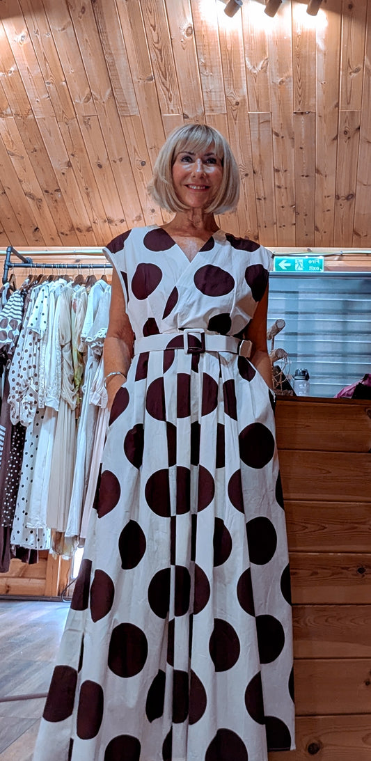 Hilary Polka Dot Belted Maxi Dress – Cream & Brown