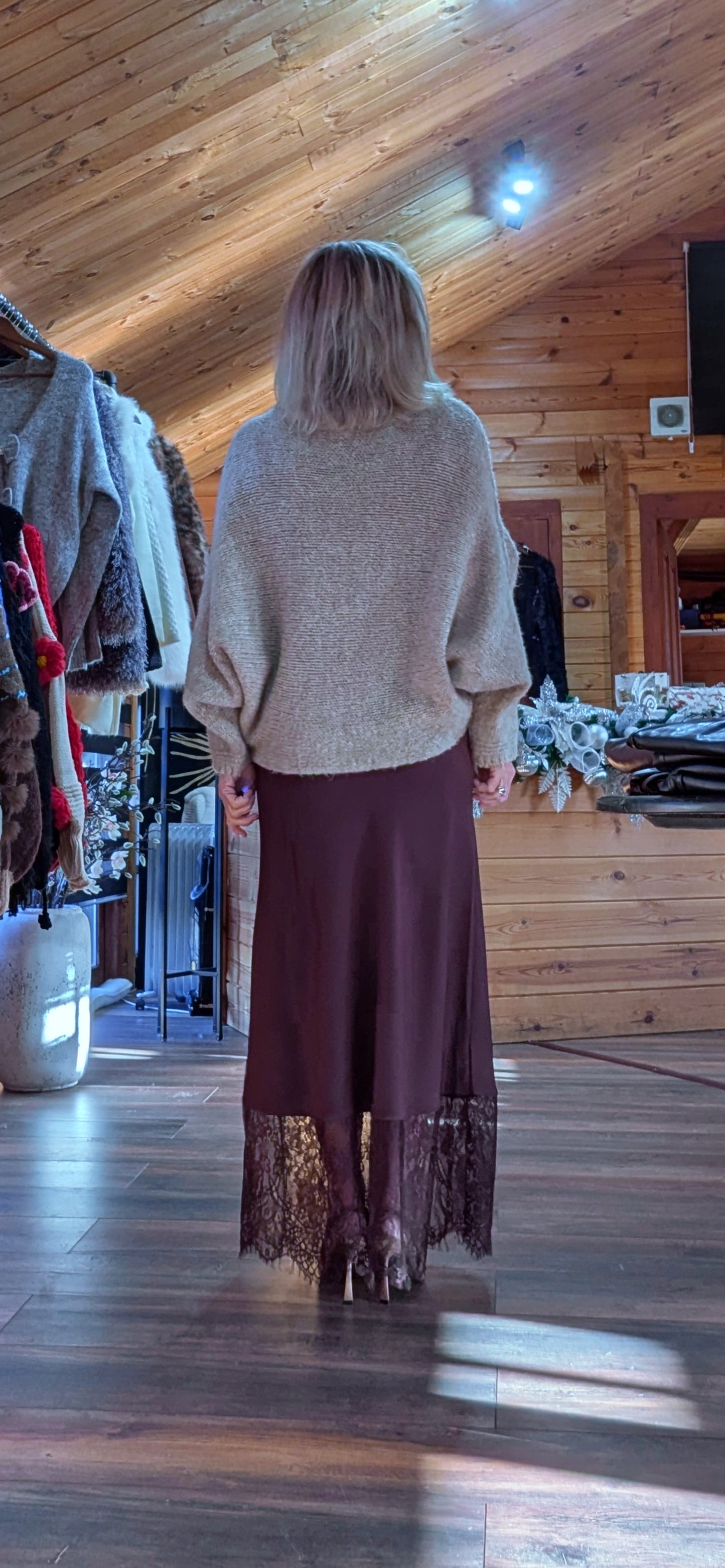 Lumine Chocolate Satin Slip Skirt – Lace Frill Hem