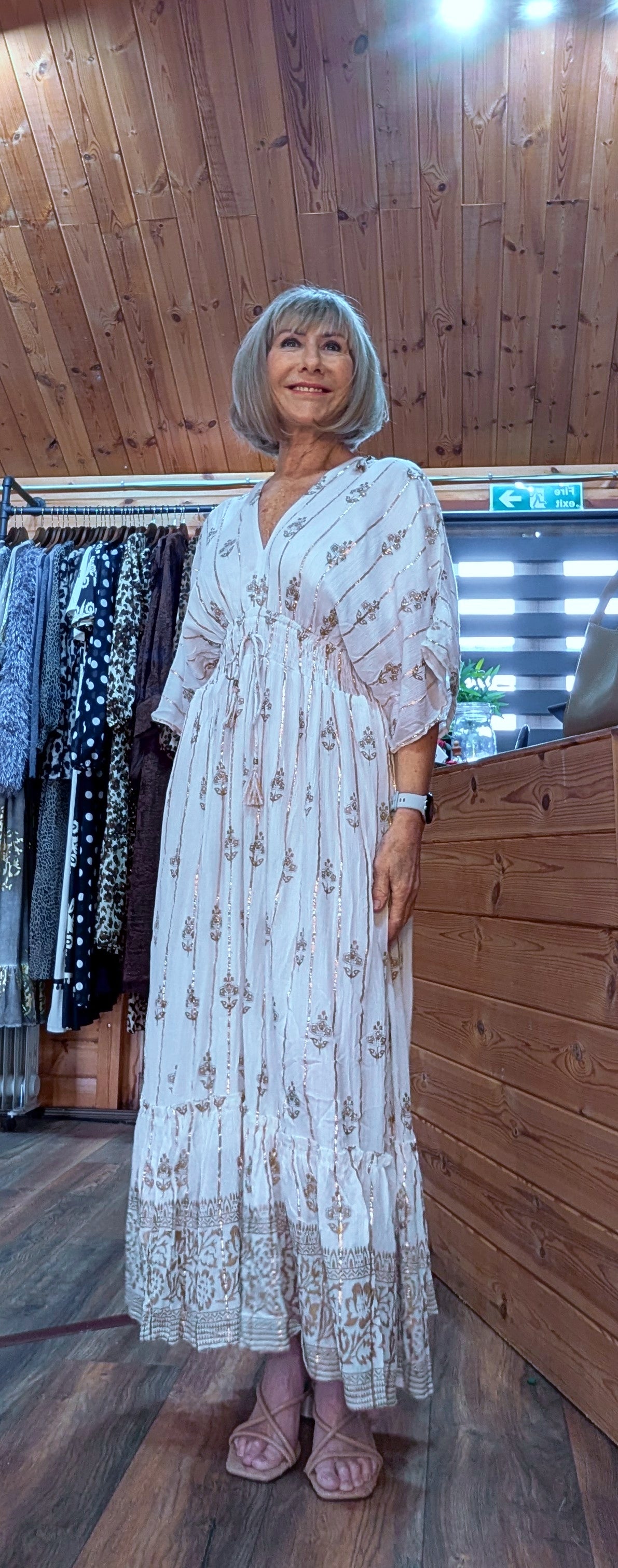 Ida Bohemian Ivory Maxi Dress with Gold Embroidery and Tassels
