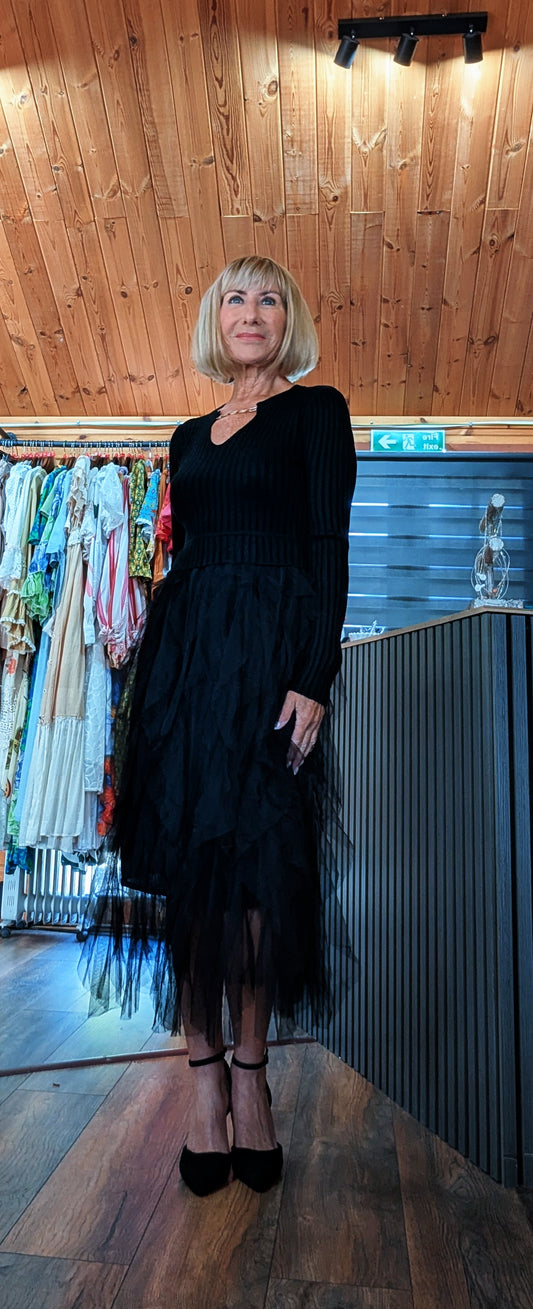 Anastasia long sleeve black knitted dress from DitsyDi with gold chain neck