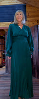 Laura Emerald Green Midi Dress – Shirred Waist & Pleated Skirt