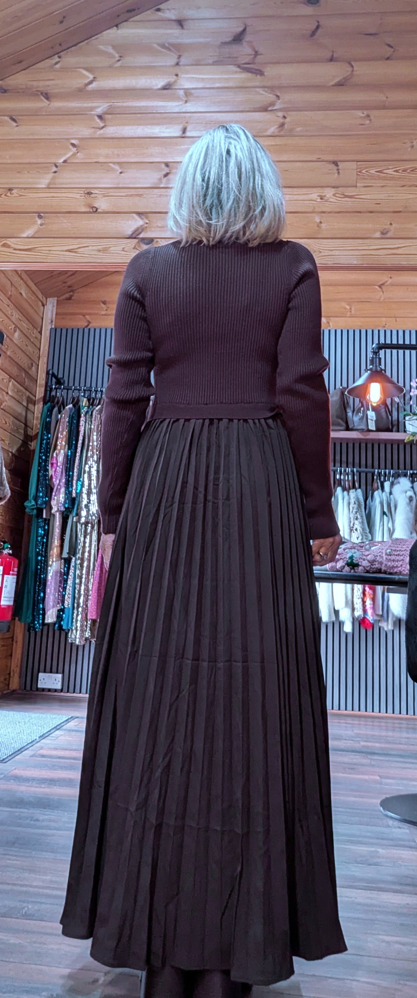 Haley Sweater Dress – High Neck with Pleated Maxi Skirt in Coffee or Black