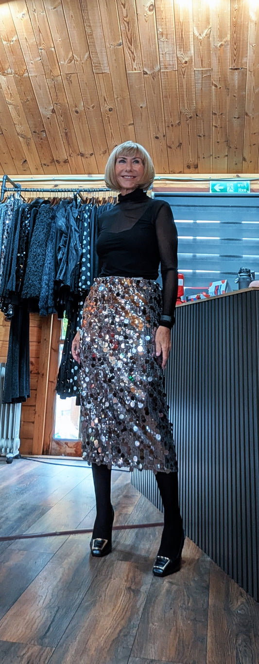 Di wearing the Giovanna silver sequin pencil skirt with a black sheer top and tights