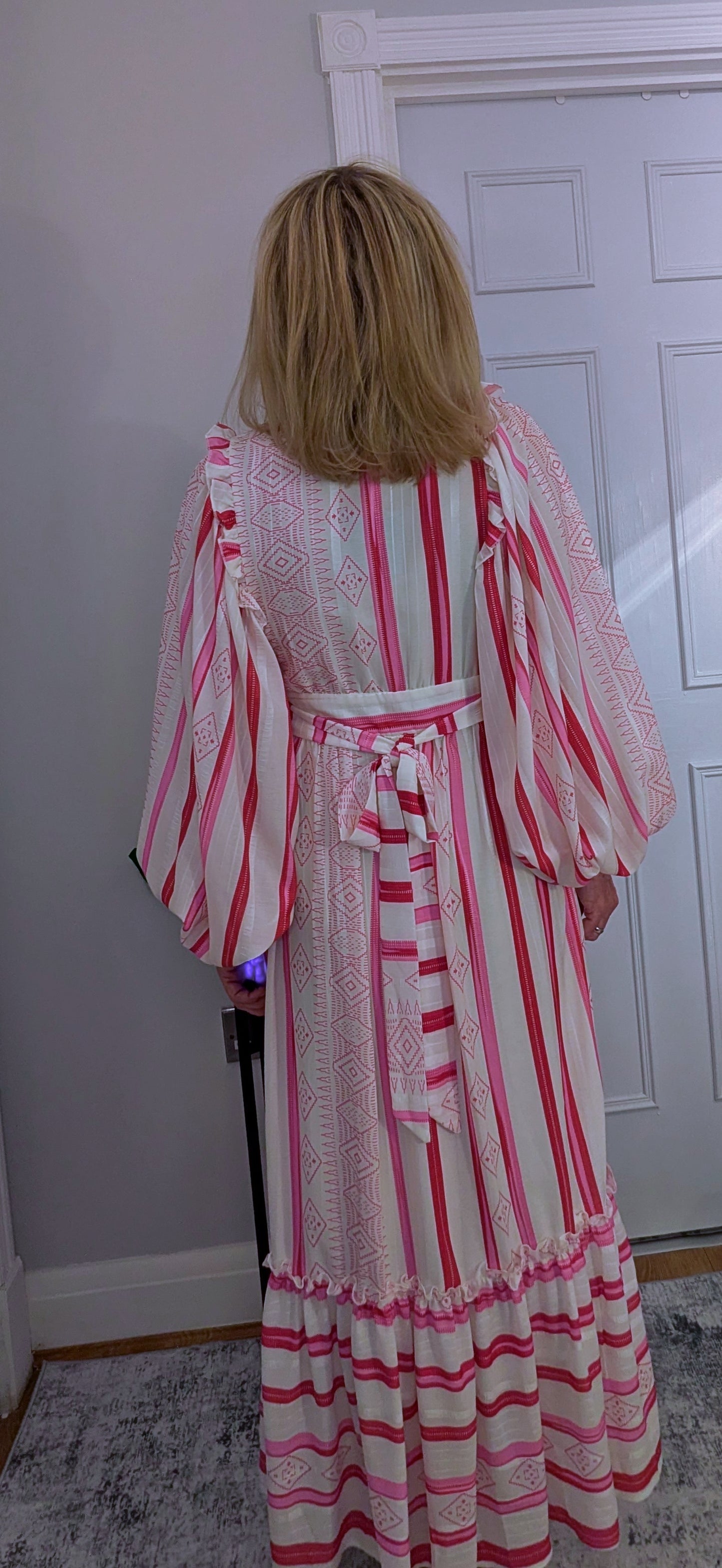 Ophelia Maxi Dress in  Pink and White with Gold Embellishment Cottage Core Style