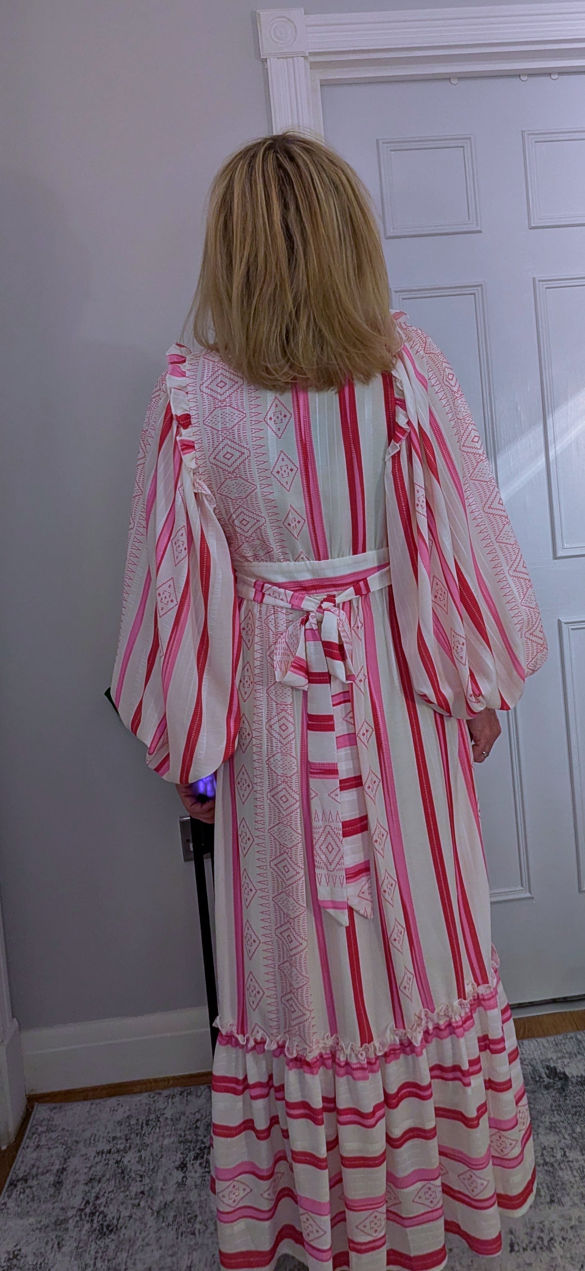 Ophelia Maxi Dress in  Pink and White with Gold Embellishment Cottage Core Style