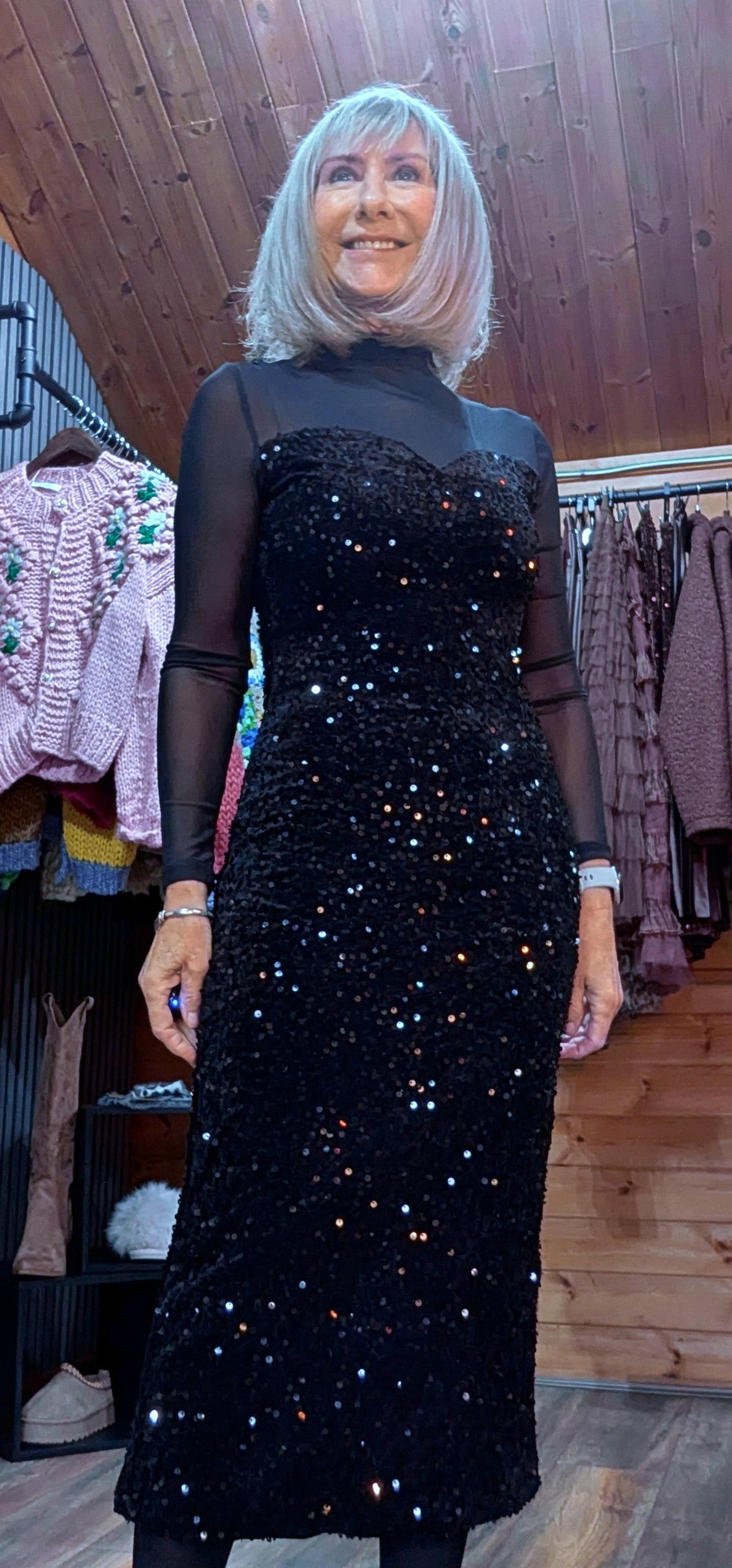 Audrey Sheer High-Neck Dress – Velvet Feel with Sequin Detail Black