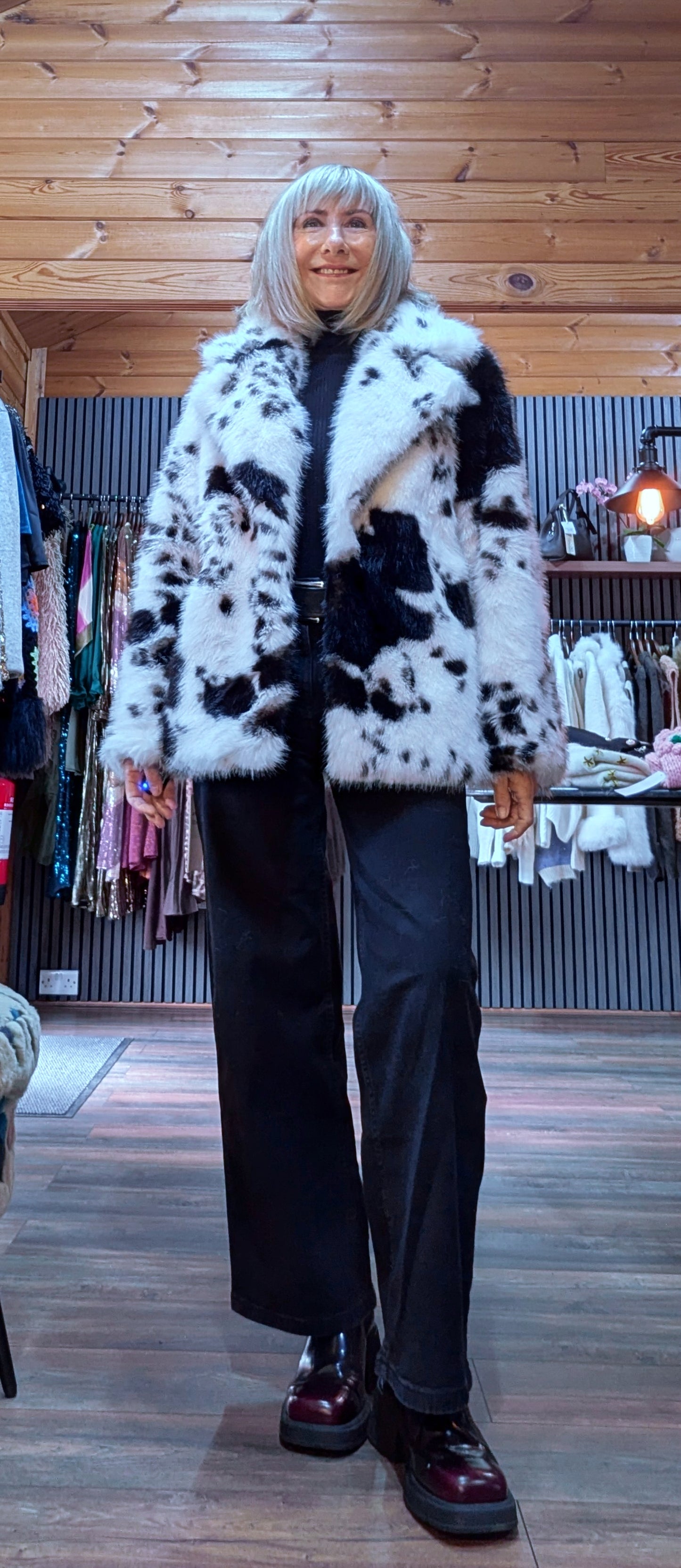 Bessie Cow Print  Faux Fur Jacket – Black - White Statement Style
