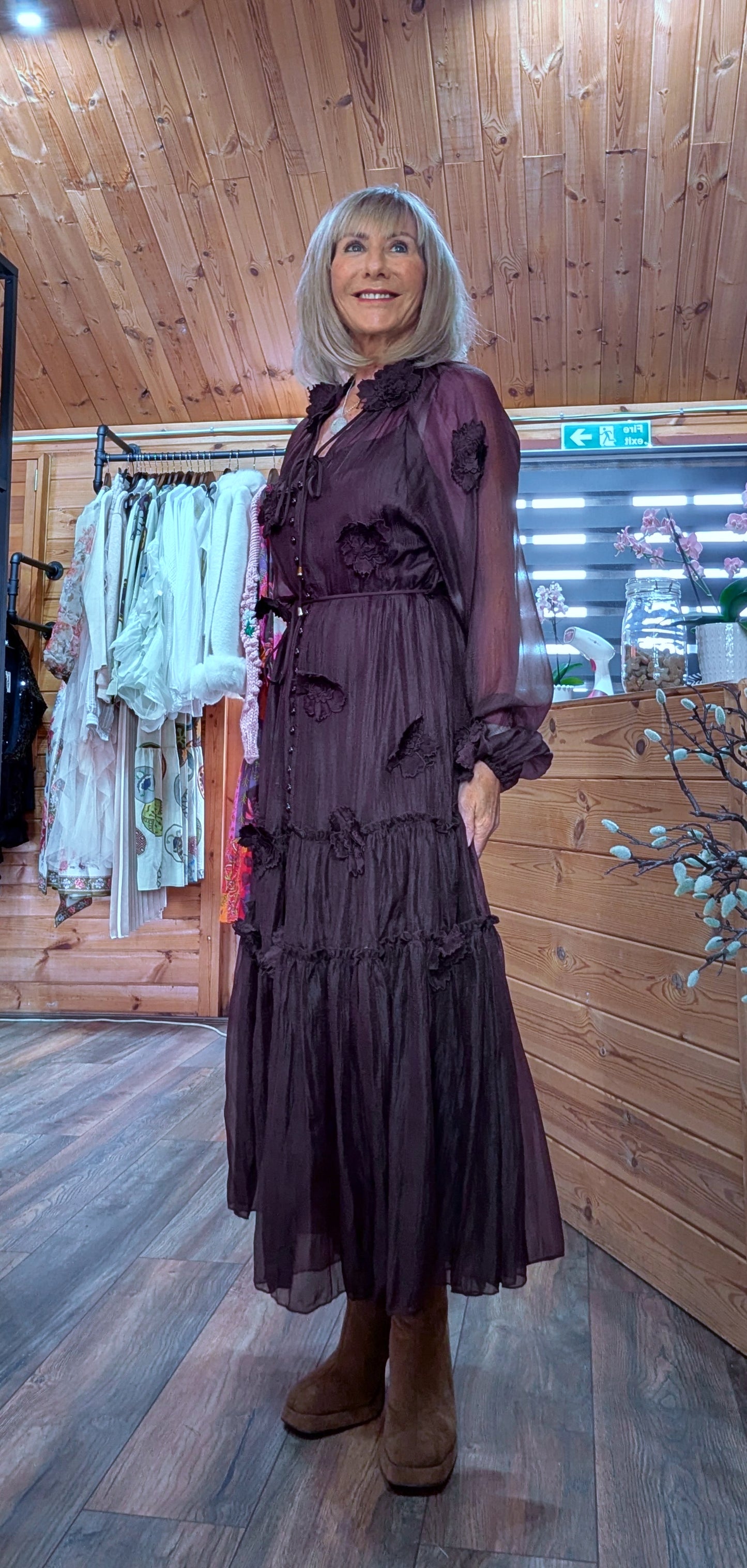 Gloria Coffee Tiered Dress – 3D Flowers -Tie Belt