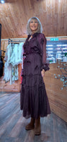Gloria Coffee Tiered Dress – 3D Flowers & Tie Belt