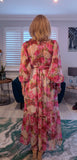 Luna Floral Crepe Maxi Dress – Pink & Green with Frill V-Neck