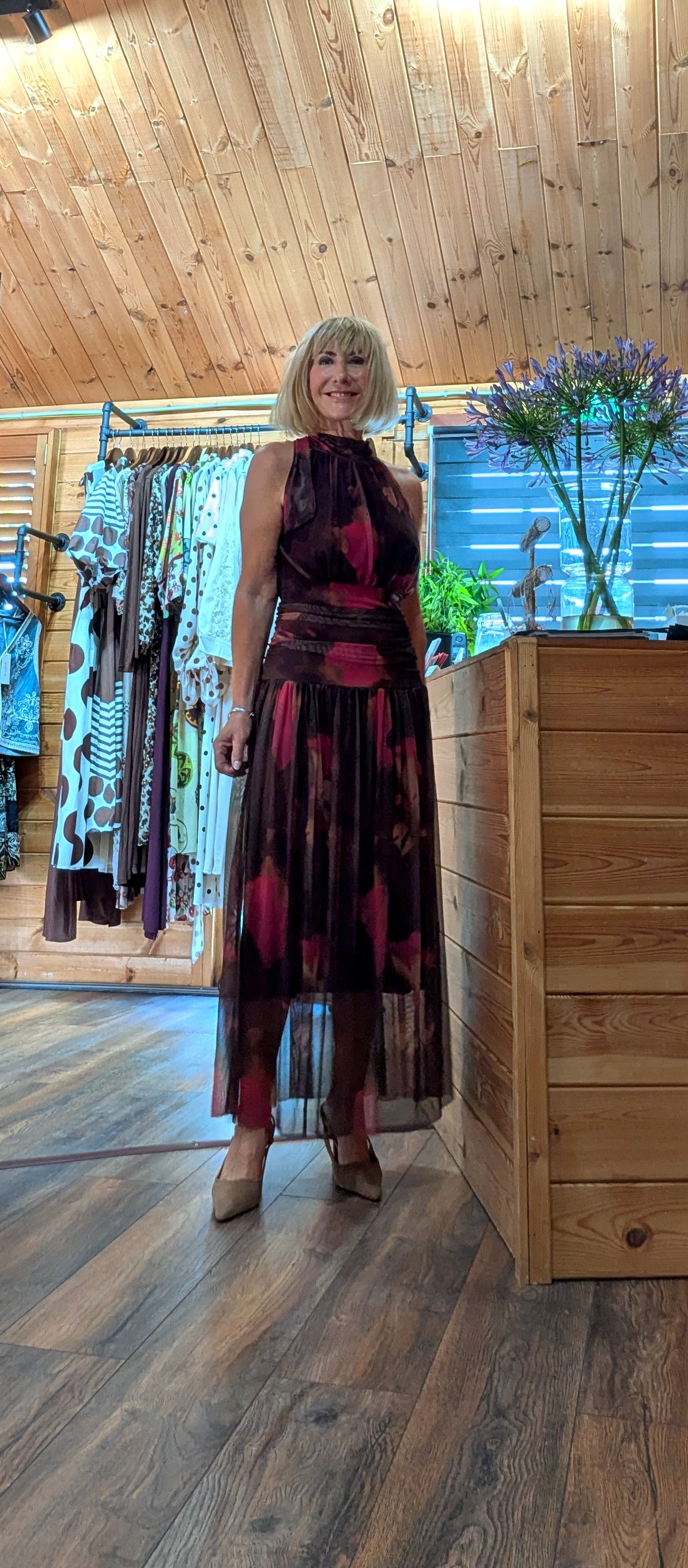 Autumn dinner dress in burgundy with sheer skirt styled by ditsydi with a draped waist