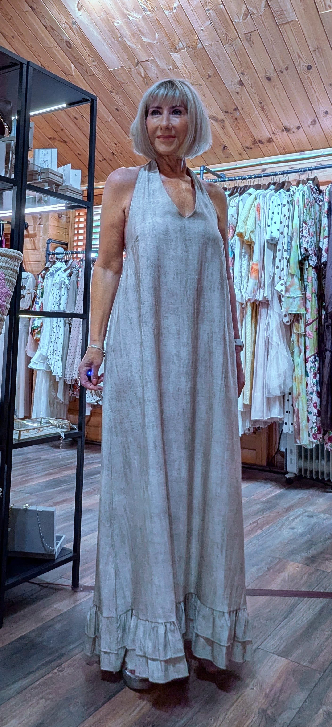 Odette taupe halter neck viscose maxi dress