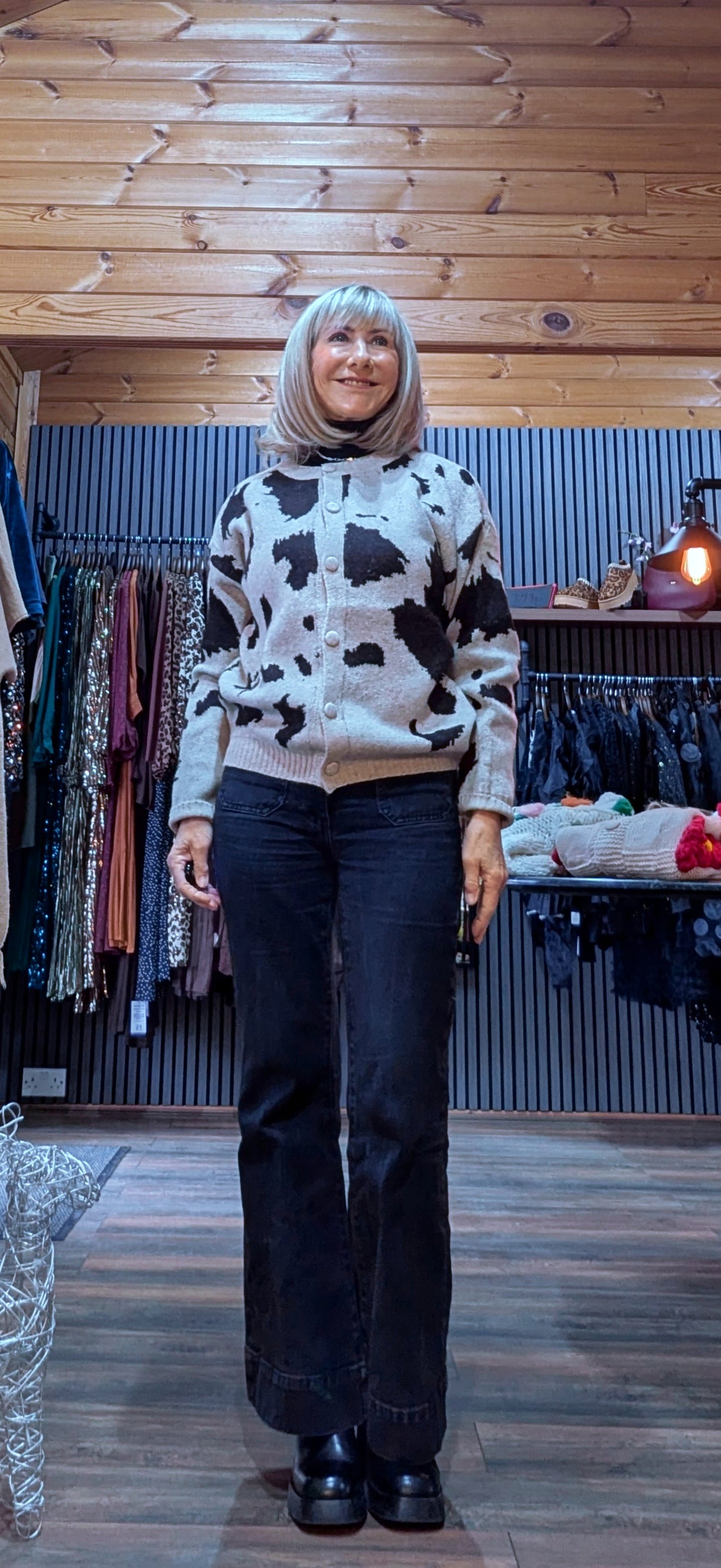 Cathy Taupe Cow Print Soft Knit Cardigan – Button Front