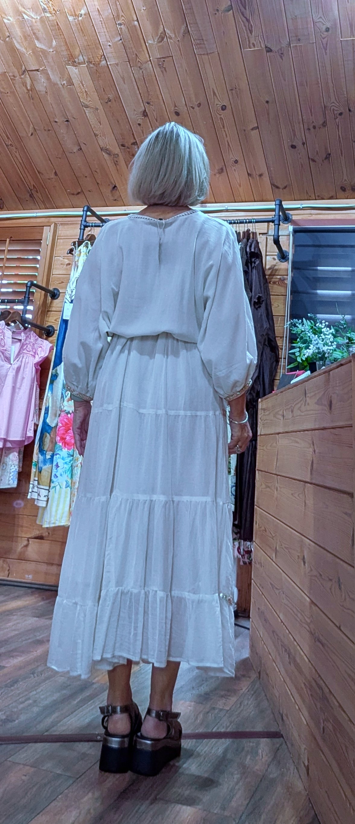 Darwin White Bohemian Dress with Floral Embroidery with tie belt at the rear