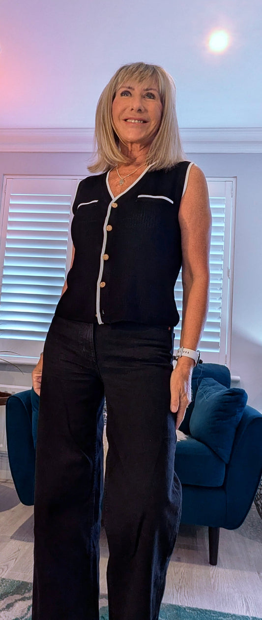 Genevieve Black Sleeveless Cardigan with White Border 