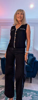Genevieve Black Sleeveless Cardigan with White Border & Gold Buttons