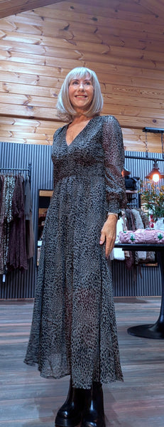 Dorian Grey & Black Animal Print Midi Dress – Elastic Waist & Chiffon Feel