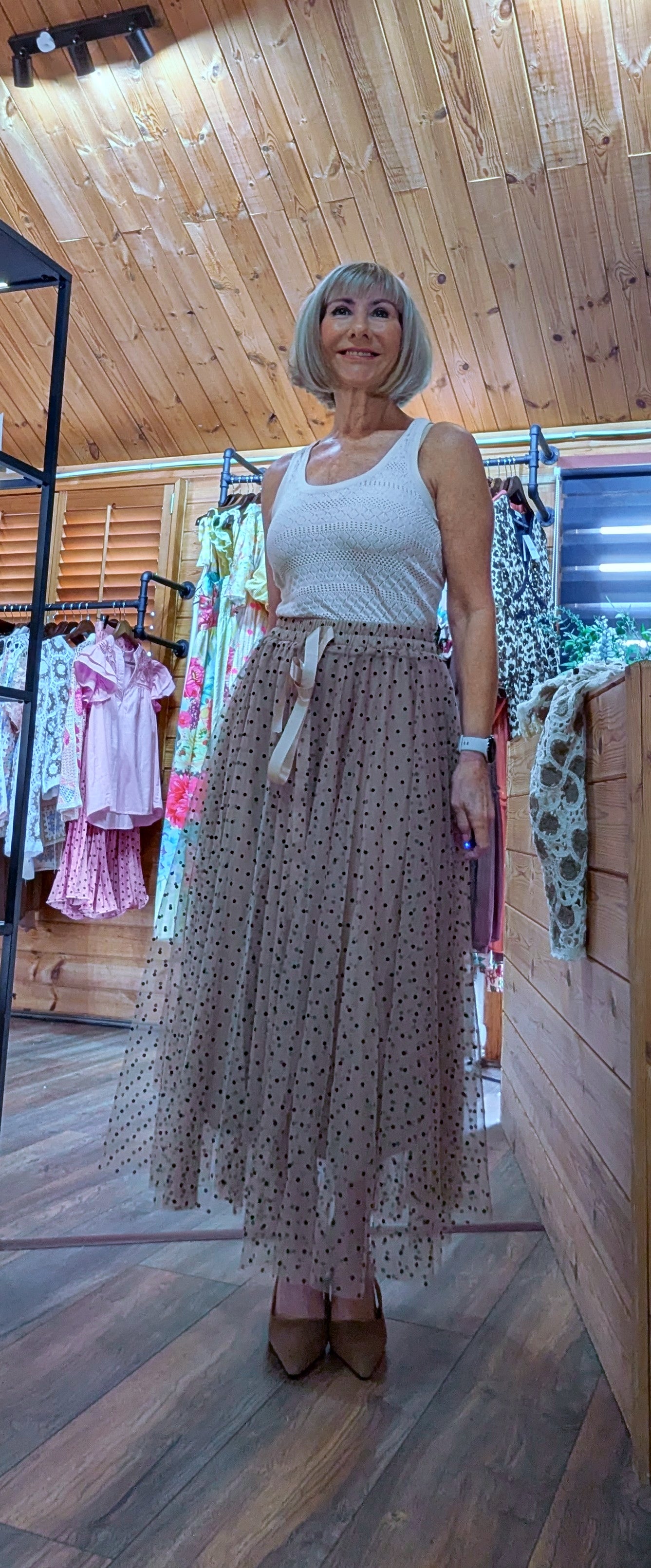 Taupe tulle skirt with black polka dot detail