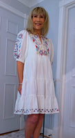 Bo Smocked Linen Cotton Dress – White with Pink & Blue Embroidery