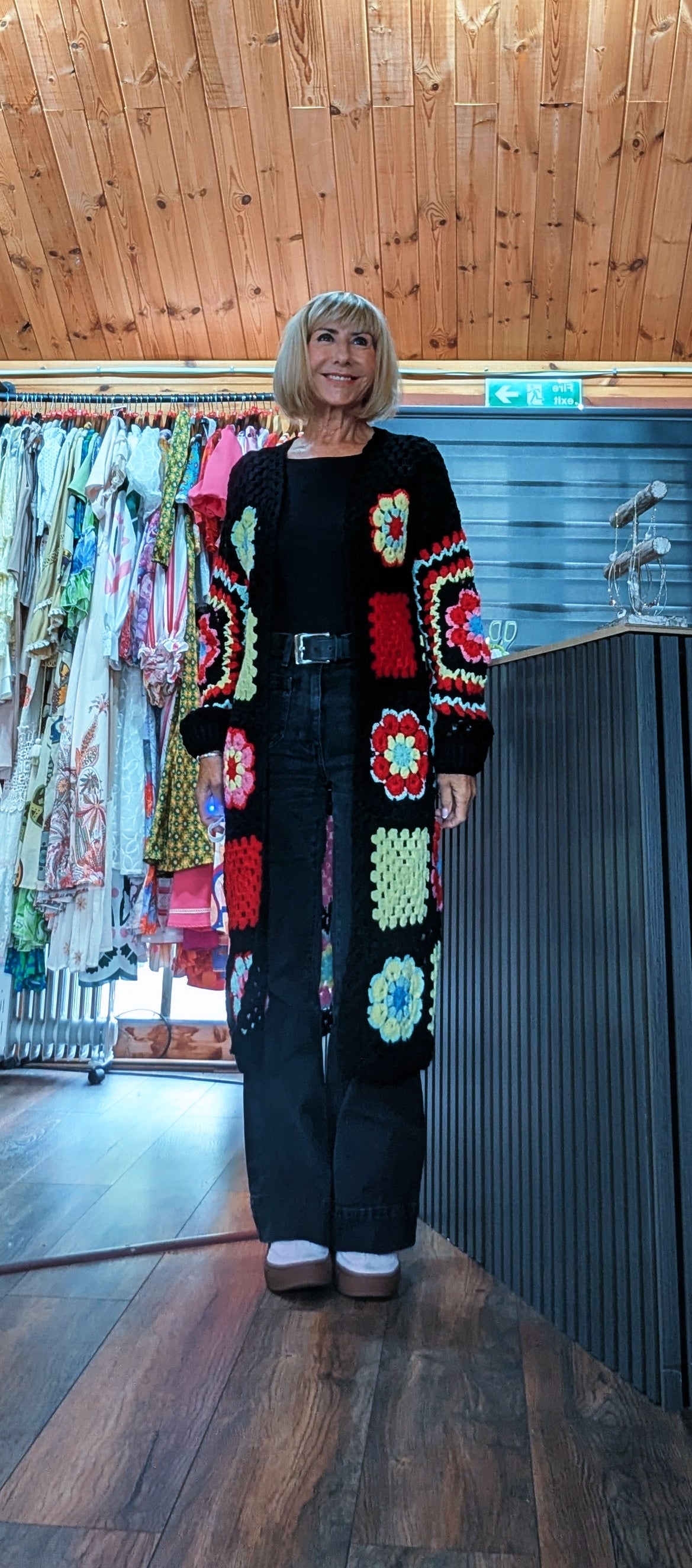 Front view of ditsydi wearing Fia long crochet cardigan UK boutique