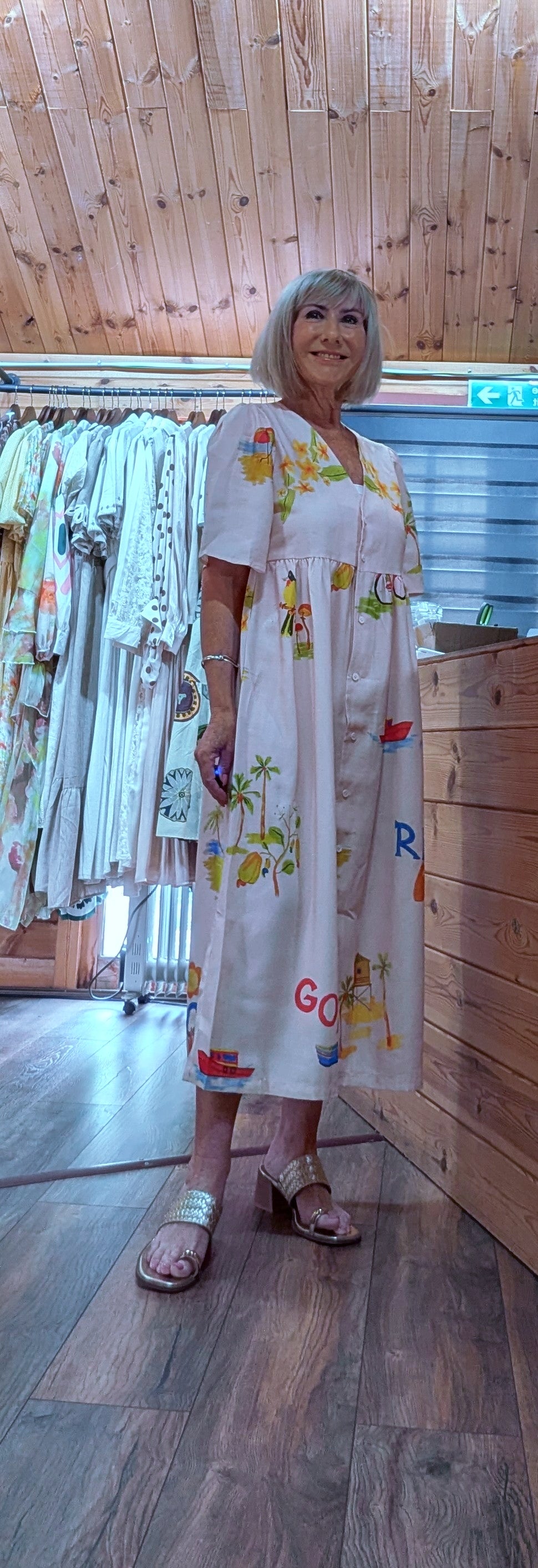 Fiona summer midi dress styled with gold sandlas
