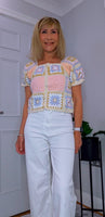 River Crochet Cardigan Cotton Knit with Embroidered Puff Sleeves