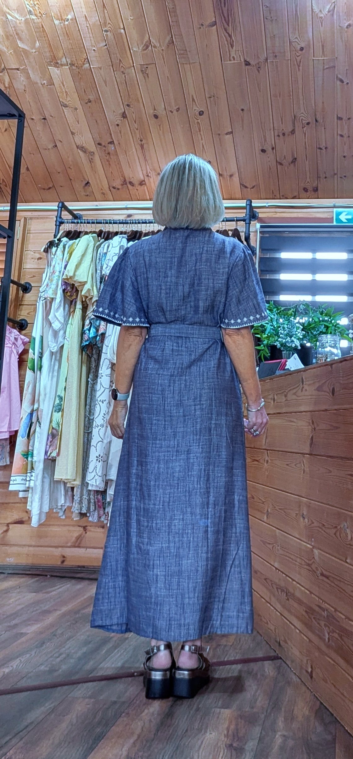 Clover Blue Shirt Dress With Belt - White Embroidery rear view