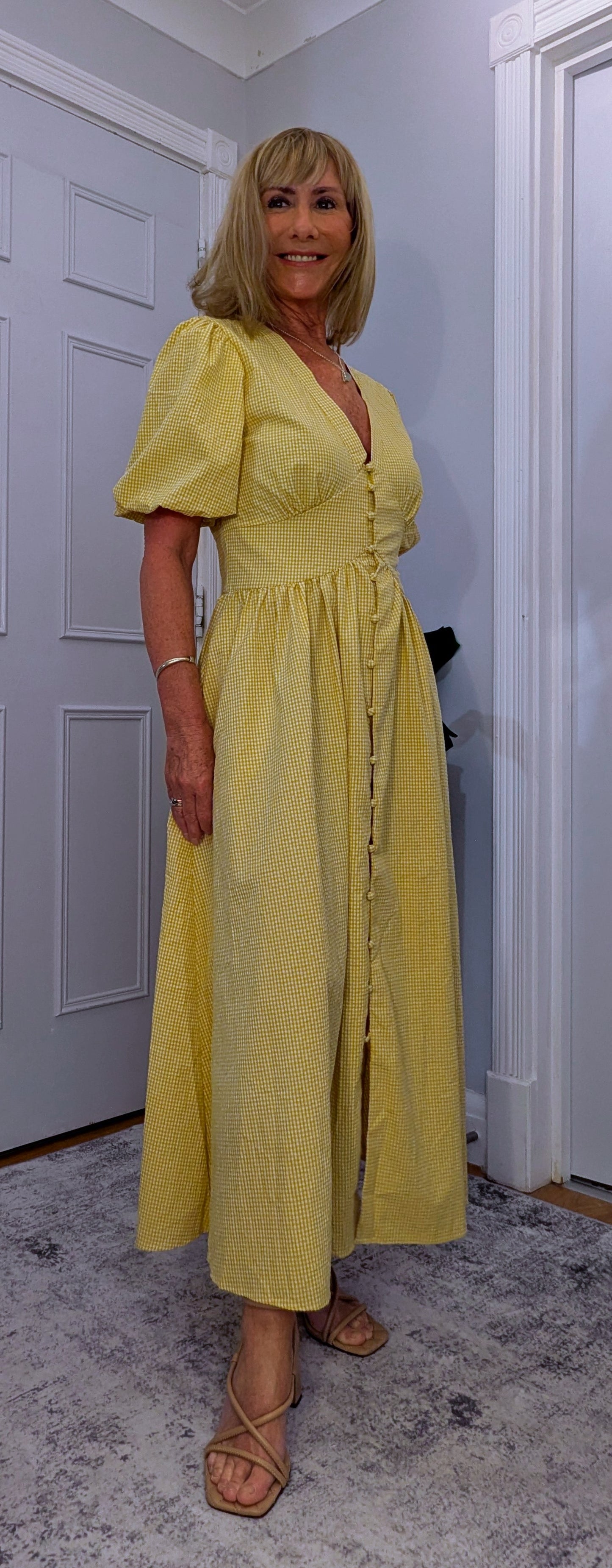 Bethany Yellow Gingham Midi Dress Vintage Puff Sleeve Style