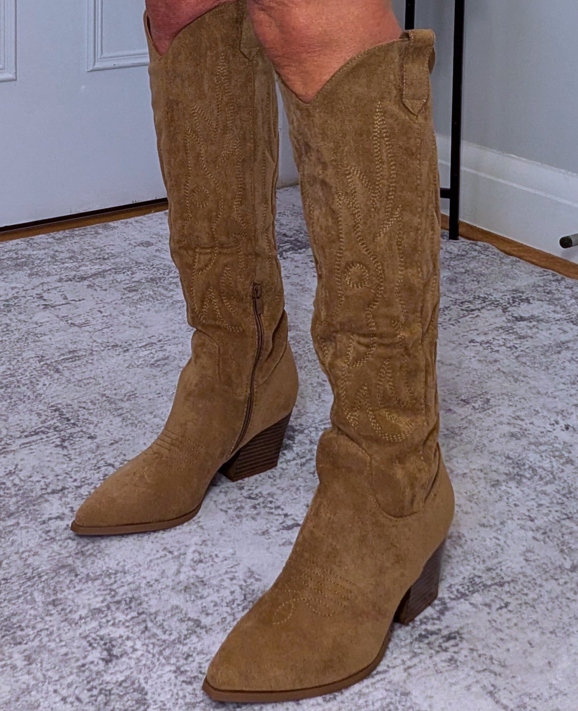 Cassidy Faux Suede Cowboy Boots – Soft Camel Western Style