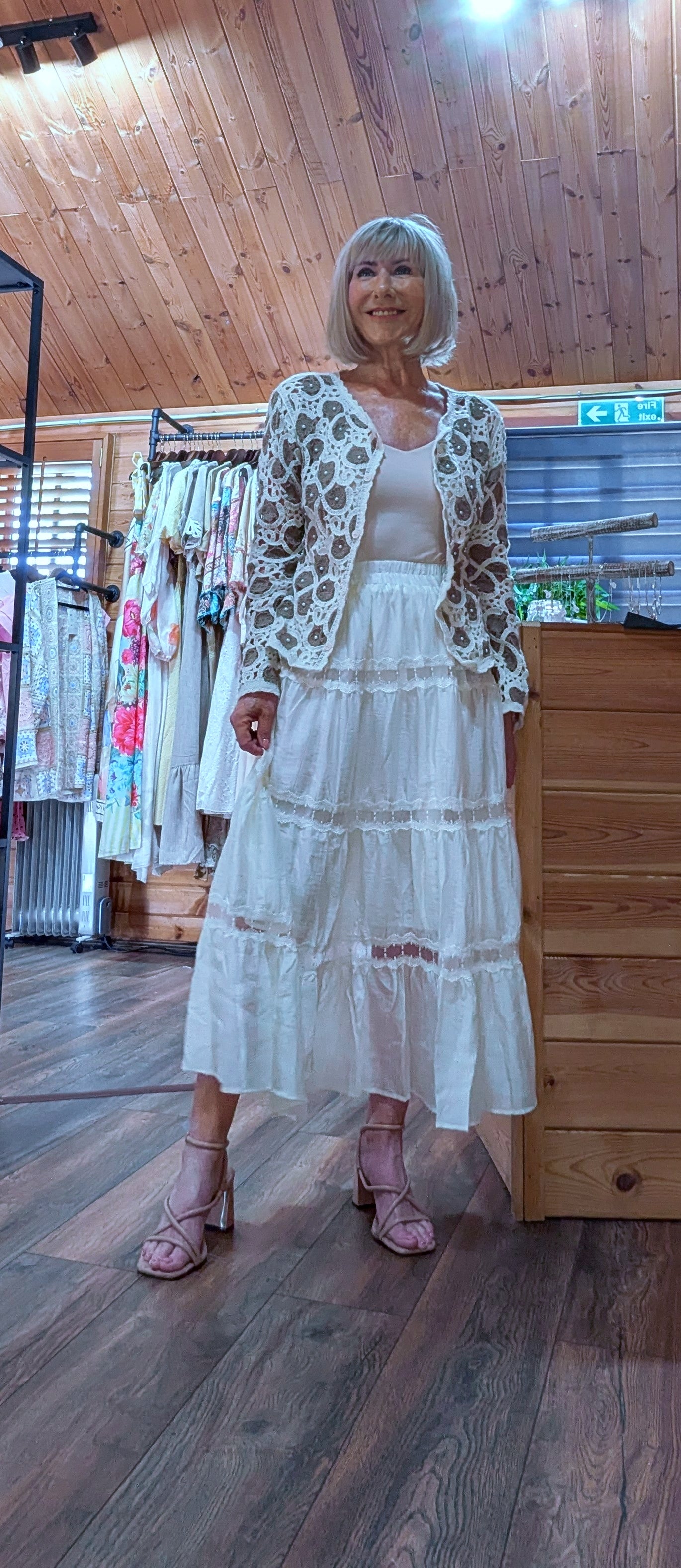 Taupe Crochet Cardigan  worn with our Camilla Gypsy skirt.