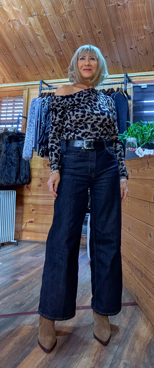 Wisty Grey Animal Print Jersey Slash Neck Top