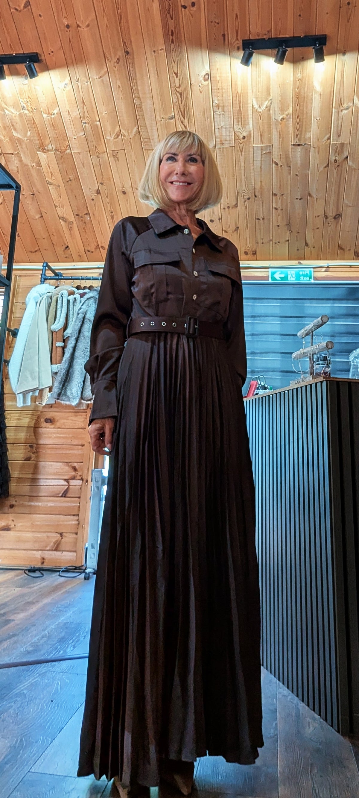 ditsydi wearing the Meryl chocolate maxi dress with a collared button-front bodice
