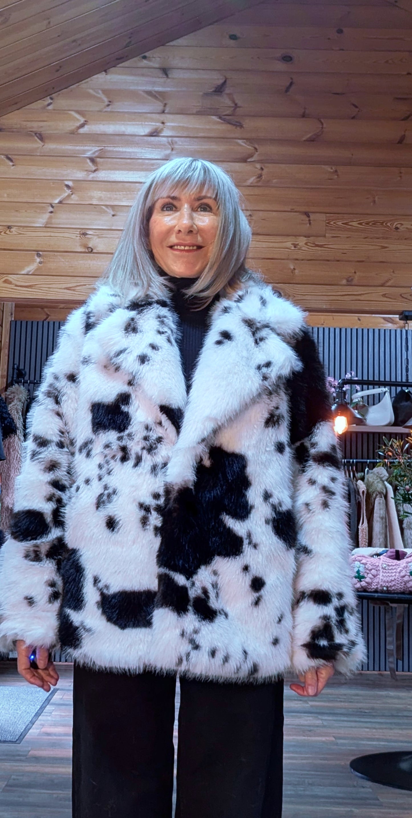 Bessie Cow Print  Faux Fur Jacket – Black - White Statement Style