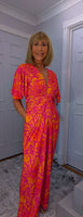 Justina Tropical Green - Fuchsia -Angel Sleeve Maxi Jumpsuit with Twist Detail