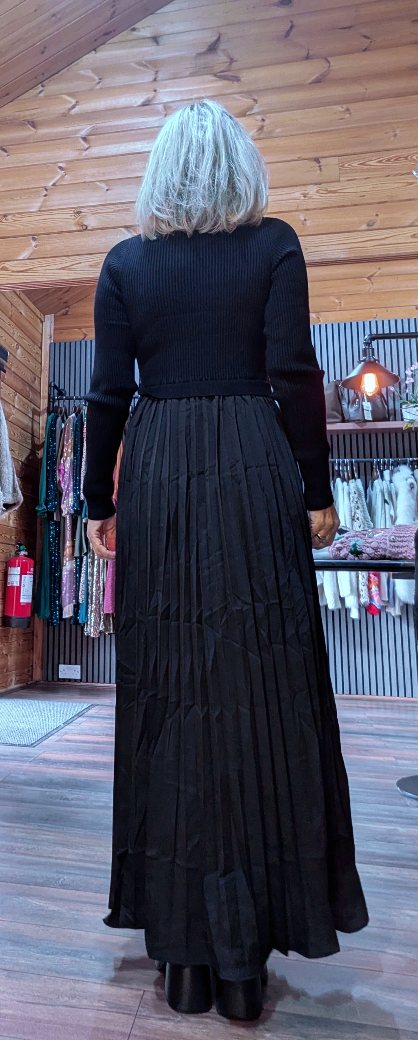 Haley Sweater Dress – High Neck with Pleated Maxi Skirt in Coffee or Black