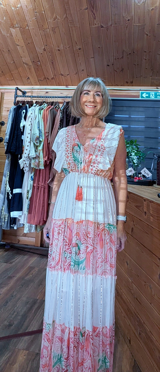 Odette Bohemian  Maxi Dress in Turquoise and Orange With Tassels