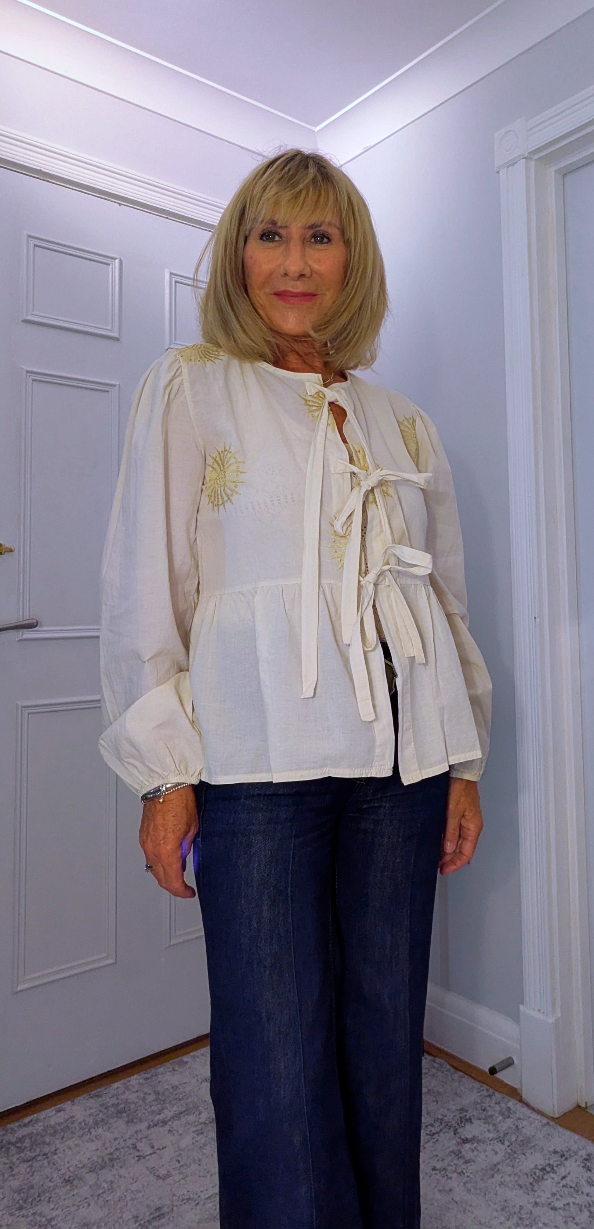 Melanie Cotton Smock Blouse – White or Cream with Gold Embroidery