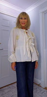 Melanie Cotton Smock Blouse – White or Cream with Gold Embroidery