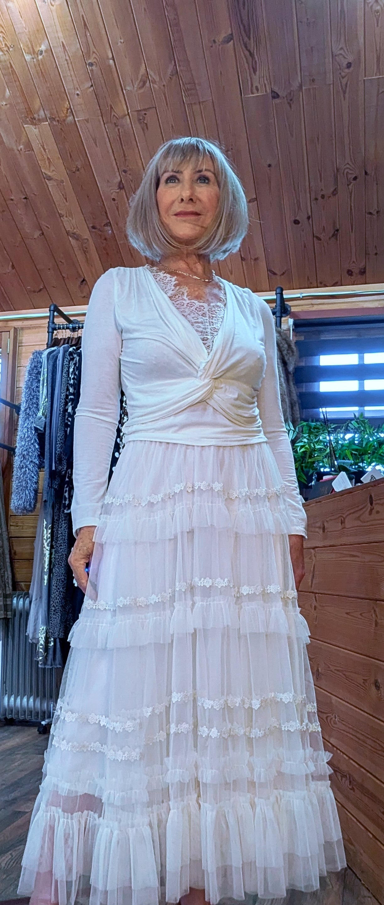 Lourdes Embroidery Frill Tulle Skirt – Ivory, Fully Lined paired with Florrie ivory lace top