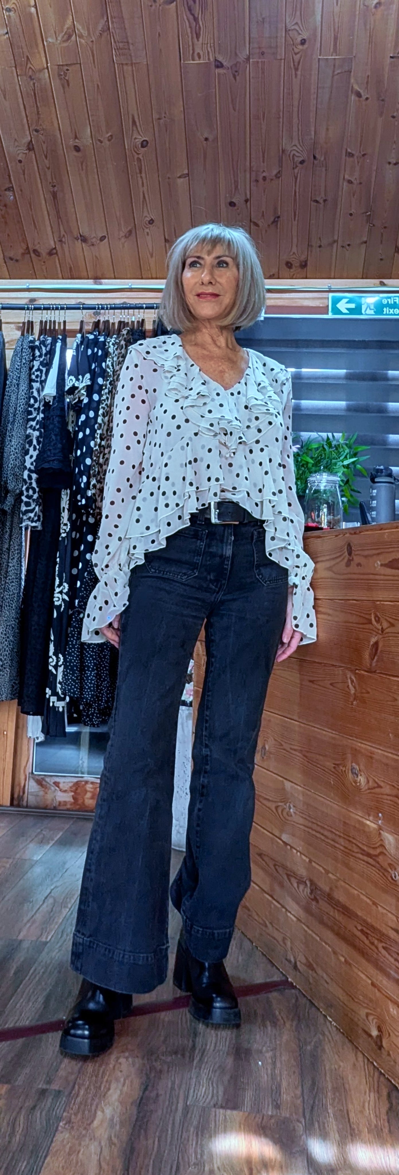 River Statement Frilled Blouse - Ivory with Black Polka Dots